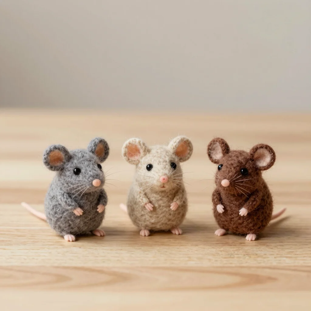 Natural Wool Felted Mouse Trio